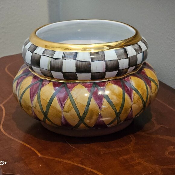 RARE MACKENZIE CHILDS ARGYLE AURORA CERAMIC GROOVY CANISTER JAR DISH BOTTOM - Picture 1 of 8
